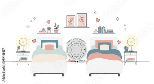 Cozy bedroom illustration with two beds and decorative elements
