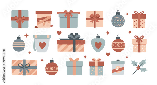 Collection of festive Christmas gift boxes and ornaments in a charming flat design style