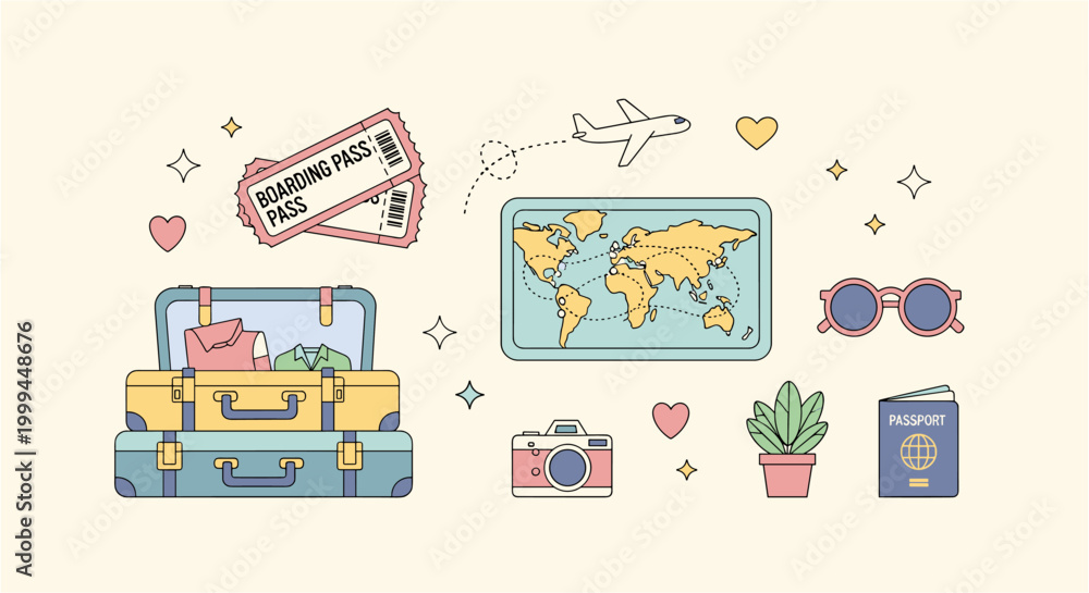 Fototapeta premium Travel essentials laid out for an exciting adventure around the world