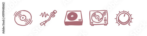 DJ and Music Equipment Hand Drawn Icons - Vinyl, Turntable, Control Knob