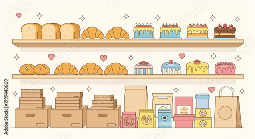 Charming bakery display with fresh bread, croissants, and decorated cakes