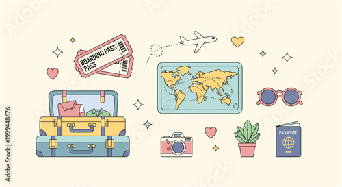 Travel essentials laid out for an exciting adventure around the world