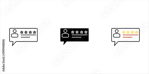 User review and customer rating feedback icon set with speech bubble, star ratings, and profile avatar in outline, solid, and flat color styles.