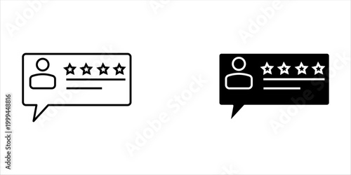 User review and customer testimonial speech bubble icons set with star rating and profile avatar, minimalist outline and solid glyph style, isolated on white background.