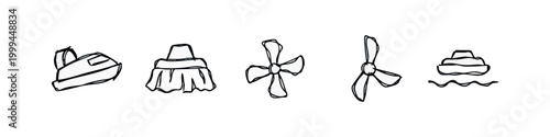 Nautical and Transport Sketch Icon Set - Jet Ski, Propeller, Boat