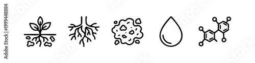 Biology and Soil Environment Line Icons - Roots, Plant, Chemical Molecule