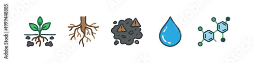 Colored Biology and Soil Safety Icons - Contaminated Soil, Roots, Molecule