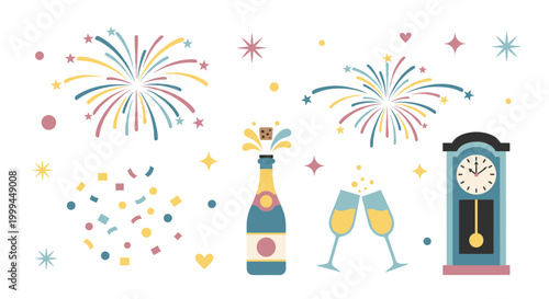 Happy New Year celebration with champagne, fireworks, and clock striking midnight