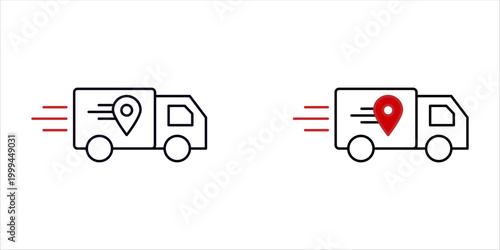 Fast delivery truck icon set with location pin, logistics shipping service, express delivery concept in outline and flat style.