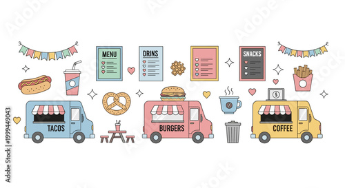 Collection of cute food trucks and fast food items in a flat design style