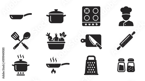 Kitchen cooking utensils and tools icons.