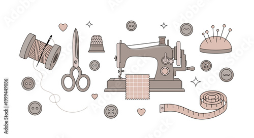 Vintage sewing machine and accessories illustration with a retro aesthetic