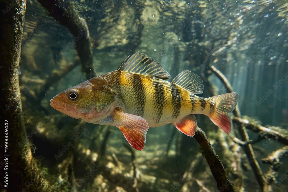 Obraz premium European perch swimming in river water sunlight