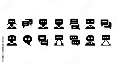 Minimal black communication icons set: chat, AI, media, UI symbols for modern apps