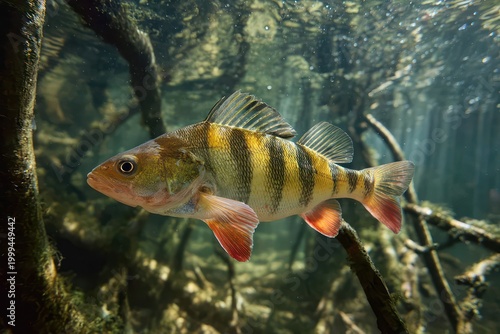 European perch swimming in river water sunlight