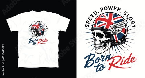 Skull rider born to ride t-shirt design with british helmet graphic.