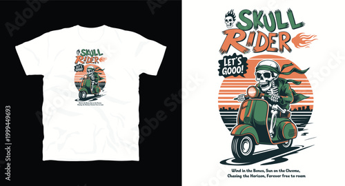 Skull rider scooter vintage graphic t-shirt design illustration.