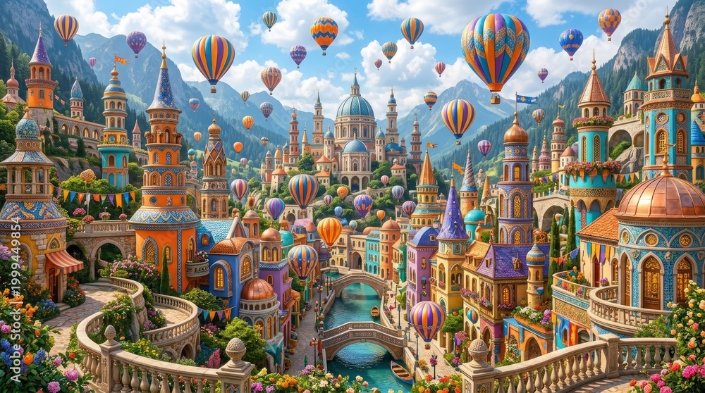 Naklejka premium Fantasy city with colorful architecture, hot air balloons, and surreal landscapes.