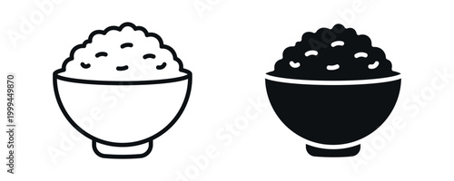 Rice bowl icon set, food and meal concept in line and solid style. vector illustration.