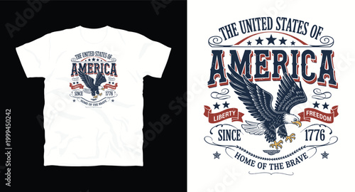 United states of america t-shirt design with eagle and patriotic elements.