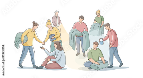 A group of people are depicted in a line drawing, some standing and some sitting, all involved in a charitable activity of packing blankets and containers against a clean white background