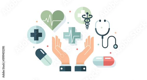 Overhead view of hands protectively cradling a medical symbol composed of a heart with a pulse line, a caduceus, a stethoscope, and plus signs, all in pastel colors against a clean white