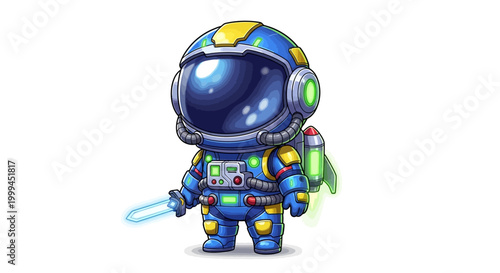 A cartoon astronaut character, designed for stars war day celebrations, stands with a glowing sword and a small rocket pack against a clean white background, depicted in a vibrant, cheerful