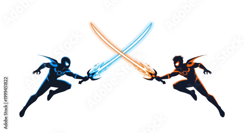 Against a clean white background, two silhouetted figures duel with glowing energy swords in an illustration reminiscent of stars war day, their crossed blades creating a dynamic focal