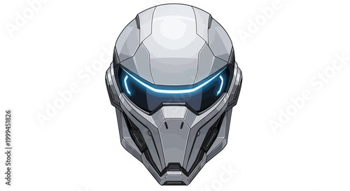 A futuristic warrior helmet, rendered in a clean, vector-style illustration, features glowing blue accents and complex geometric paneling against a stark white background, evoking a science