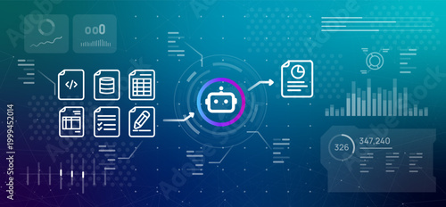 Artificial intelligence data processing and document summary concept with robot icon converting multiple file types including code database and spreadsheets into single report
