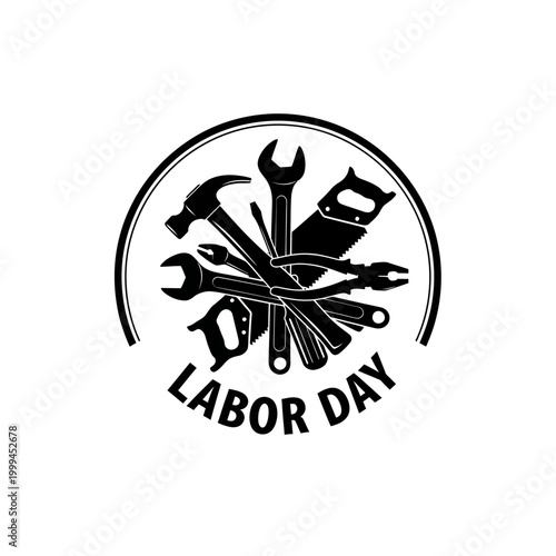 Labor Day Badge with Tools Silhouette Isolated on White Background