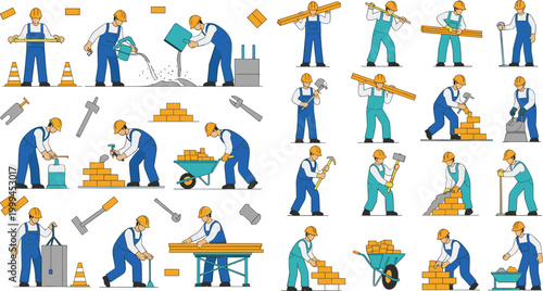 Construction Workers Set with Tools and Building Activities in Flat Style, Builders Carrying Materials, Laying Bricks, Cutting Wood and Working on Site Vector Illustration