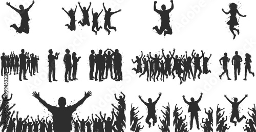 People celebration silhouettes collection with jumping, cheering crowds and group gatherings expressing excitement, joy and social event atmosphere for design projects