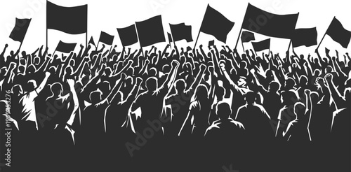 Protest crowd silhouettes with raised flags and people demonstrating unity, activism and social movement concept for political and public event design