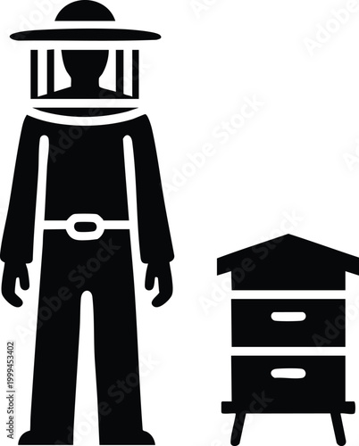 Beekeeper in protective suit standing next to a beehive simple flat vector illustration for agriculture and apiary concepts isolated on white
