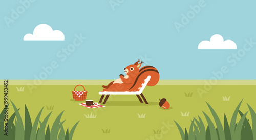 cute squirrel relaxing on chair in summer park illustration