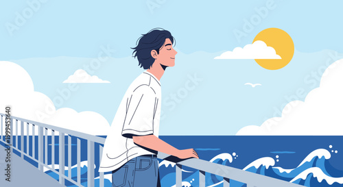 young man relaxing by the sea enjoying summer ocean view