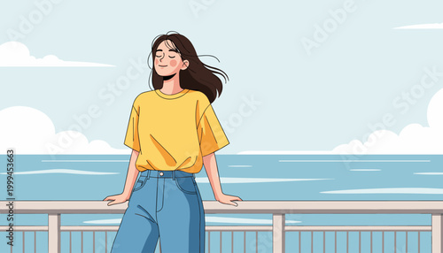 calm woman enjoying sea breeze on seaside balcony in summer