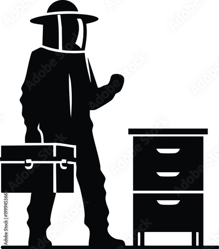 Professional beekeeper in protective gear standing next to a hive vector illustration on white backgorund