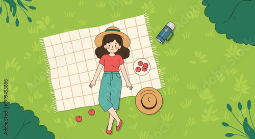cute girl relaxing on picnic blanket in summer park