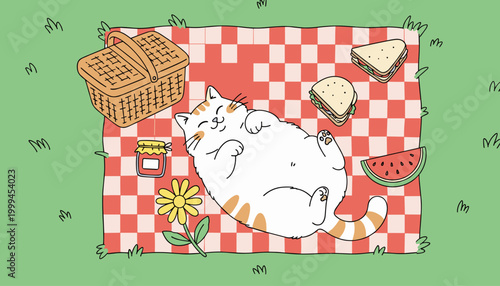 cute cat sleeping on picnic blanket in summer