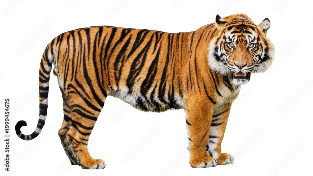 Fototapeta premium Orange striped Bengal tiger standing facing right with curled tail