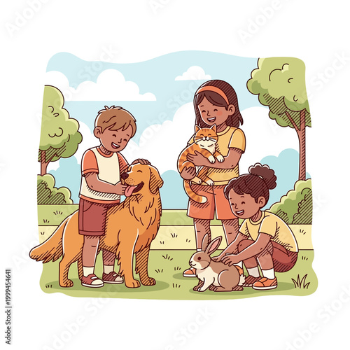 Children happily interacting with various pets including a dog, cat, and rabbit in a park setting.