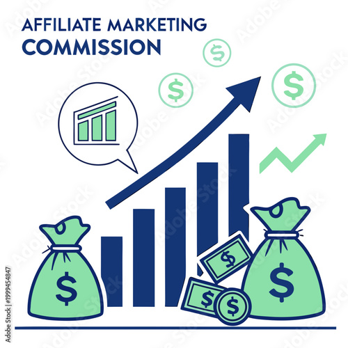 Affiliate marketing commission concept with money bags and growing graph finance
