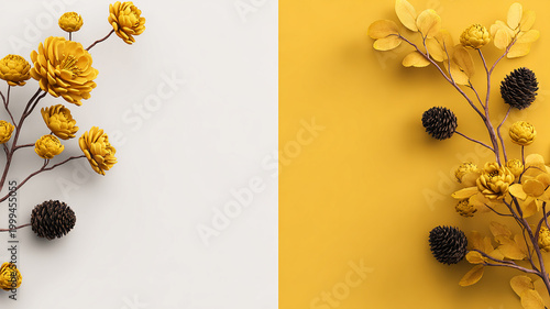 Botanical Flat Lay with Yellow Flowers and Pine Cones on Half Yellow Half White Background  made with generative AI