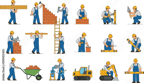 Construction Workers Set with Tools and Building Activities in Flat Style, Builders Carrying Materials, Laying Bricks, Measuring, Digging and Operating Machinery Vector Illustration