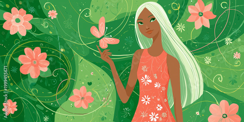 A serene woman with long white hair holds a flower in nature, surrounded by butterflies and flowers