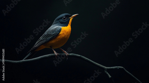 Orange-headed thrush perched on branch with dark background, wildlife bird portrait  made with generative AI