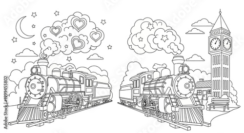 Two vintage steam trains, one with heart-shaped smoke and moon, the other near Big Ben