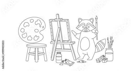 Cute raccoon artist holding a paintbrush by easel and palette